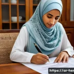 가사도우미를 위한 간단한 법률 상식 - A detailed scene showing a Middle Eastern woman domestic worker carefully reading her employment con...