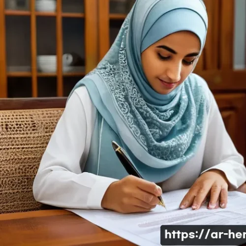 가사도우미를 위한 간단한 법률 상식 - A detailed scene showing a Middle Eastern woman domestic worker carefully reading her employment con...