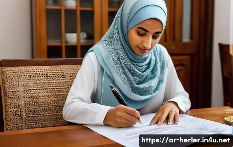 가사도우미를 위한 간단한 법률 상식 - A detailed scene showing a Middle Eastern woman domestic worker carefully reading her employment con...