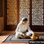 가사도우미로서 첫 업무 경험 공유 - A Middle Eastern female domestic worker in modest, clean work attire including a simple blouse and p...