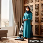 가사도우미의 직무 만족도를 높이는 방법 - A warm, inviting indoor scene of a Middle Eastern household helper wearing modest, neat clothing and...
