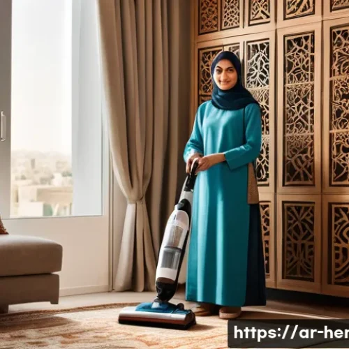가사도우미의 직무 만족도를 높이는 방법 - A warm, inviting indoor scene of a Middle Eastern household helper wearing modest, neat clothing and...