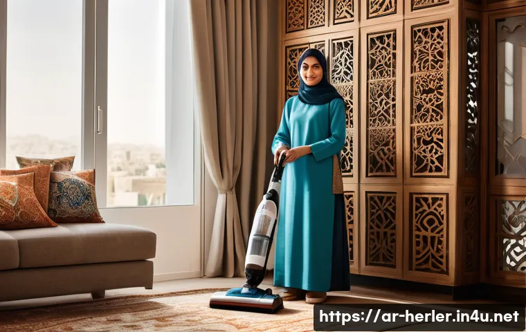 가사도우미의 직무 만족도를 높이는 방법 - A warm, inviting indoor scene of a Middle Eastern household helper wearing modest, neat clothing and...