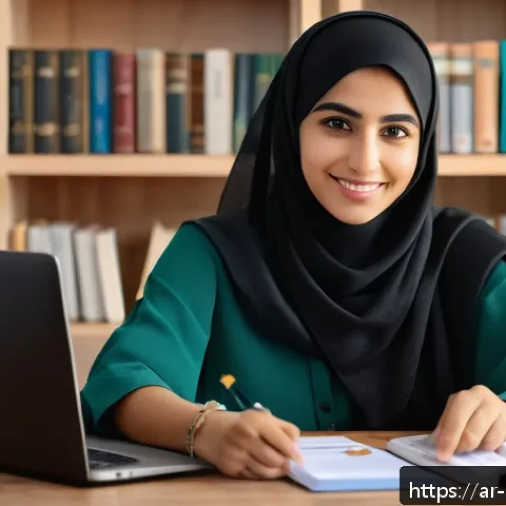 생활가사도우미 자격증의 시험 비용과 준비 예산 - A focused young Arab woman sitting at a wooden desk in a cozy, modern study room, surrounded by Arab...