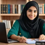 생활가사도우미 자격증의 시험 비용과 준비 예산 - A focused young Arab woman sitting at a wooden desk in a cozy, modern study room, surrounded by Arab...