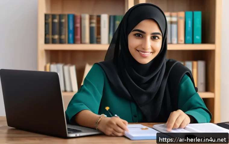 생활가사도우미 자격증의 시험 비용과 준비 예산 - A focused young Arab woman sitting at a wooden desk in a cozy, modern study room, surrounded by Arab...