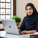 생활가사도우미 취업 후 커리어 확장 방법 - A professional Arab woman wearing modest business casual clothing, attentively participating in an o...