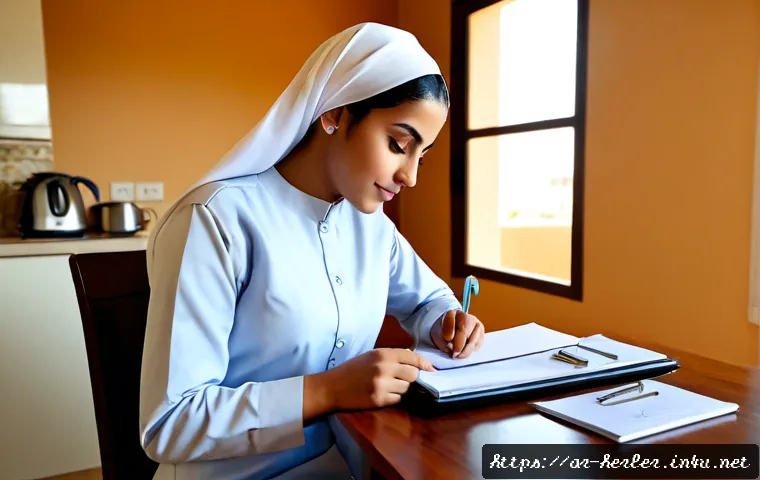 Home 17 가사도우미로서 이직 시 고려해야 할 점 - Photorealistic Arab female housekeeper in modest long-sleeved uniform and headscarf sitting at a tid...